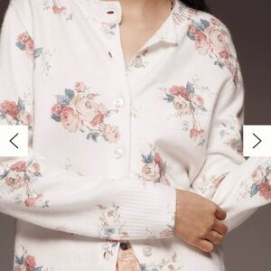 Anthropologie Floral Cardigan Cream Button Front Sweater Size XL
